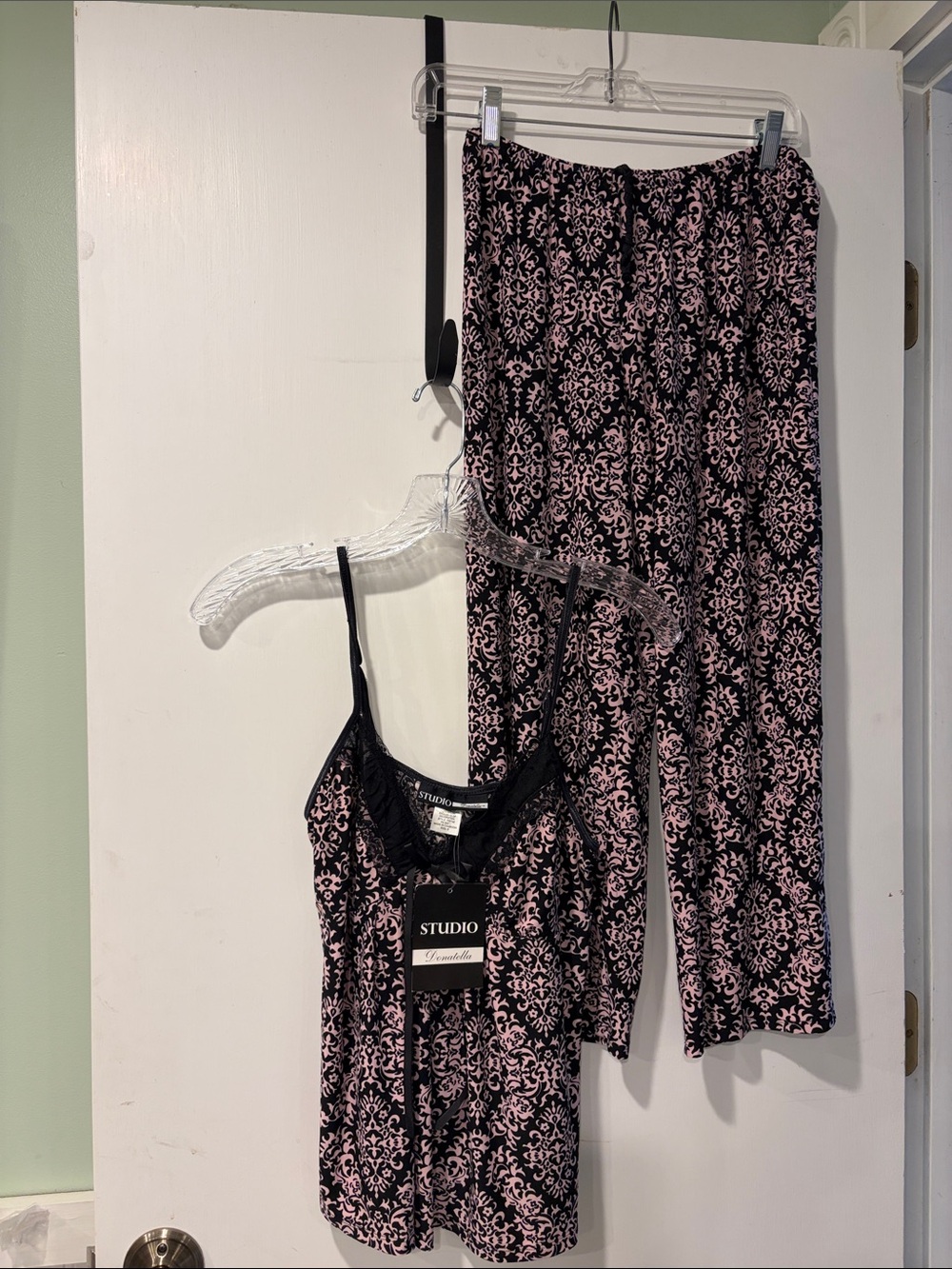 Studio Pink and Black Damask Lace-Trim Cami & pants pajama Set sleeveless size S